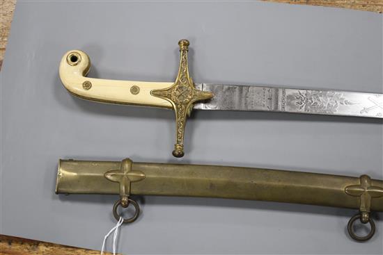 A Victorian general officers mameluke sword, gilt hilt, ivory grips, the etched blade by Ranken & Co. Calcutta, brass scabbard, blade